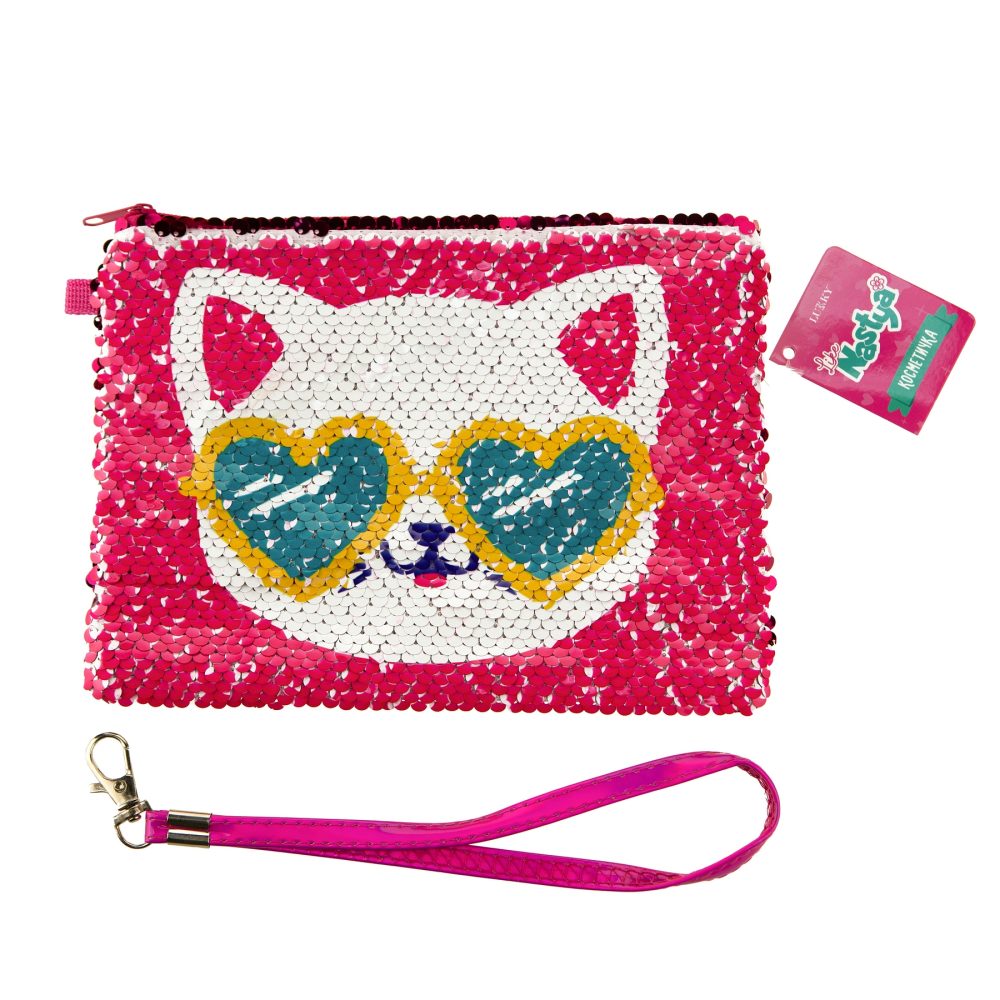 Like Nastya Косметичка с пайетками хамелеон с кошкой на одной стороне, принт разноцветный  на другой стороне, с ремешком, 21х14 см,пакет,бирка