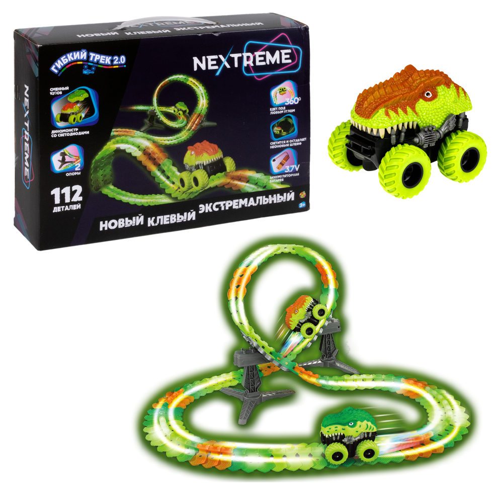 1TOY NEXTREME Гибкий трек Динопарк, 112 деталей, машинка с динозавром, сменный кузов, 2 стойки