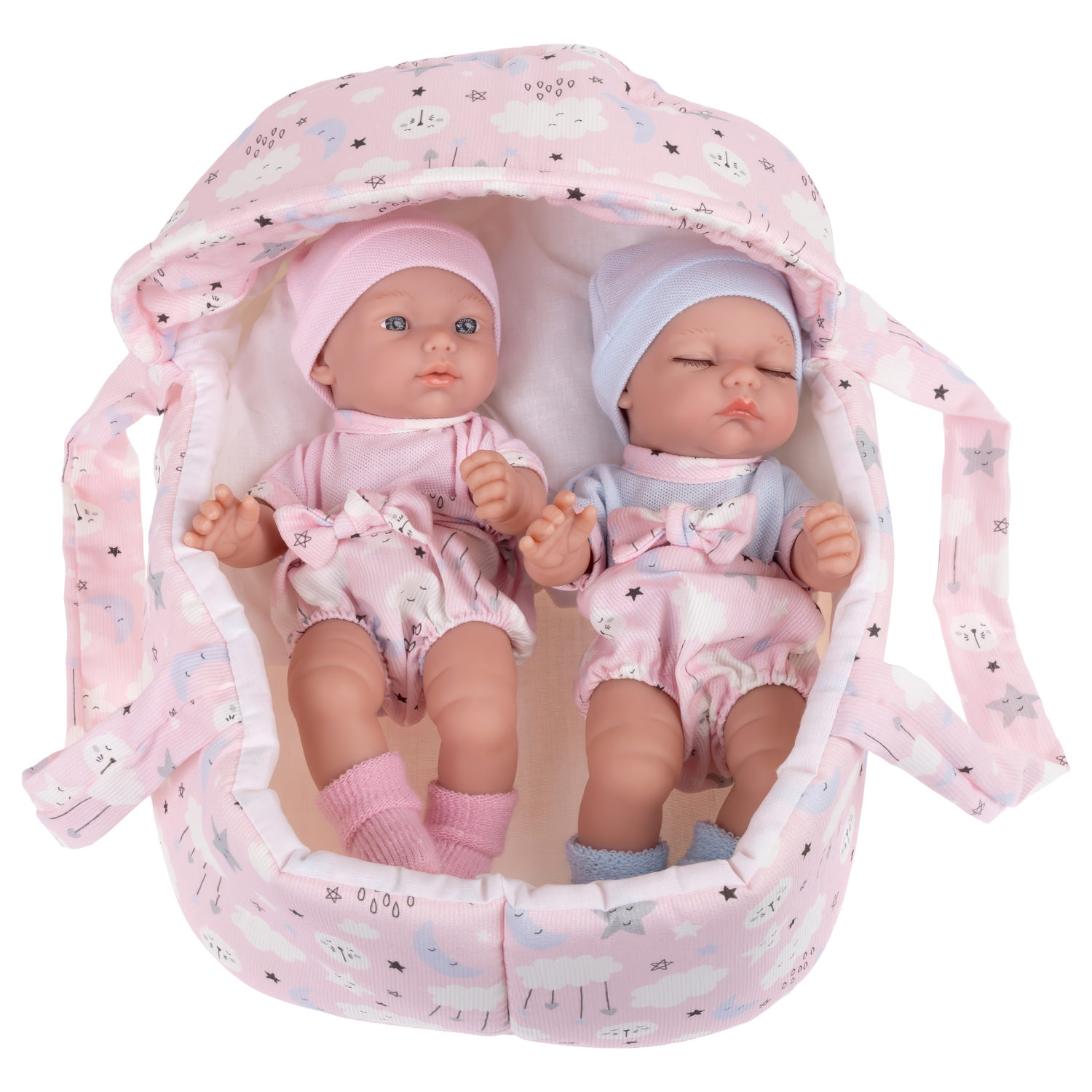 Куклы-двойняшки Arias ELEGANCE BABIS GEMELOS 26 см, винил, с соской и люлькой-переноской, Испания