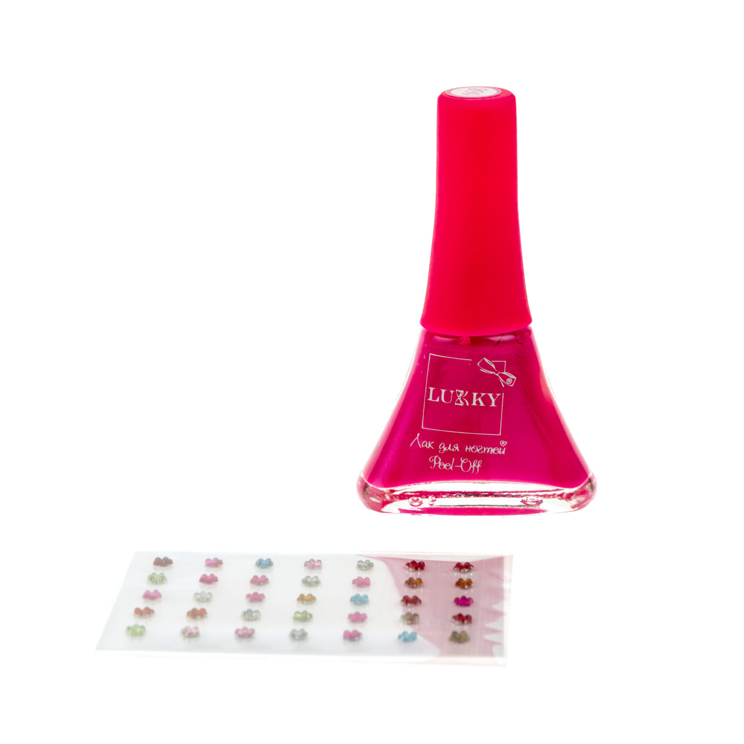 Набор LUKKY "Нэйл-Дизайн" #3, лак для ногтей peel-off ярко-розовый + стразы-наклейки "Сирень"