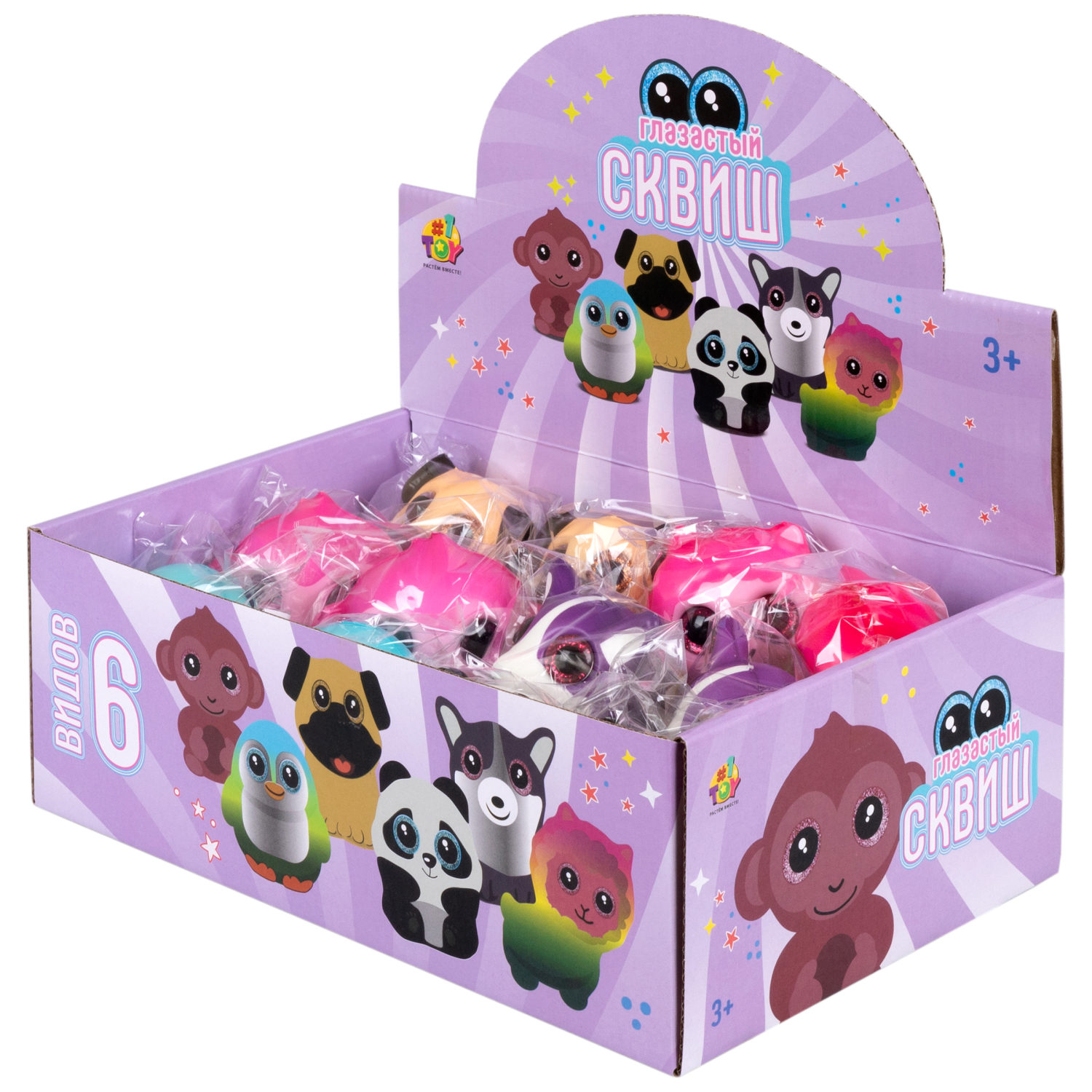 Глазастый сквиш 1TOY Животные, игрушка-антистресс для рук, жмякалка, 8-9 см, 6 видов в ассортименте