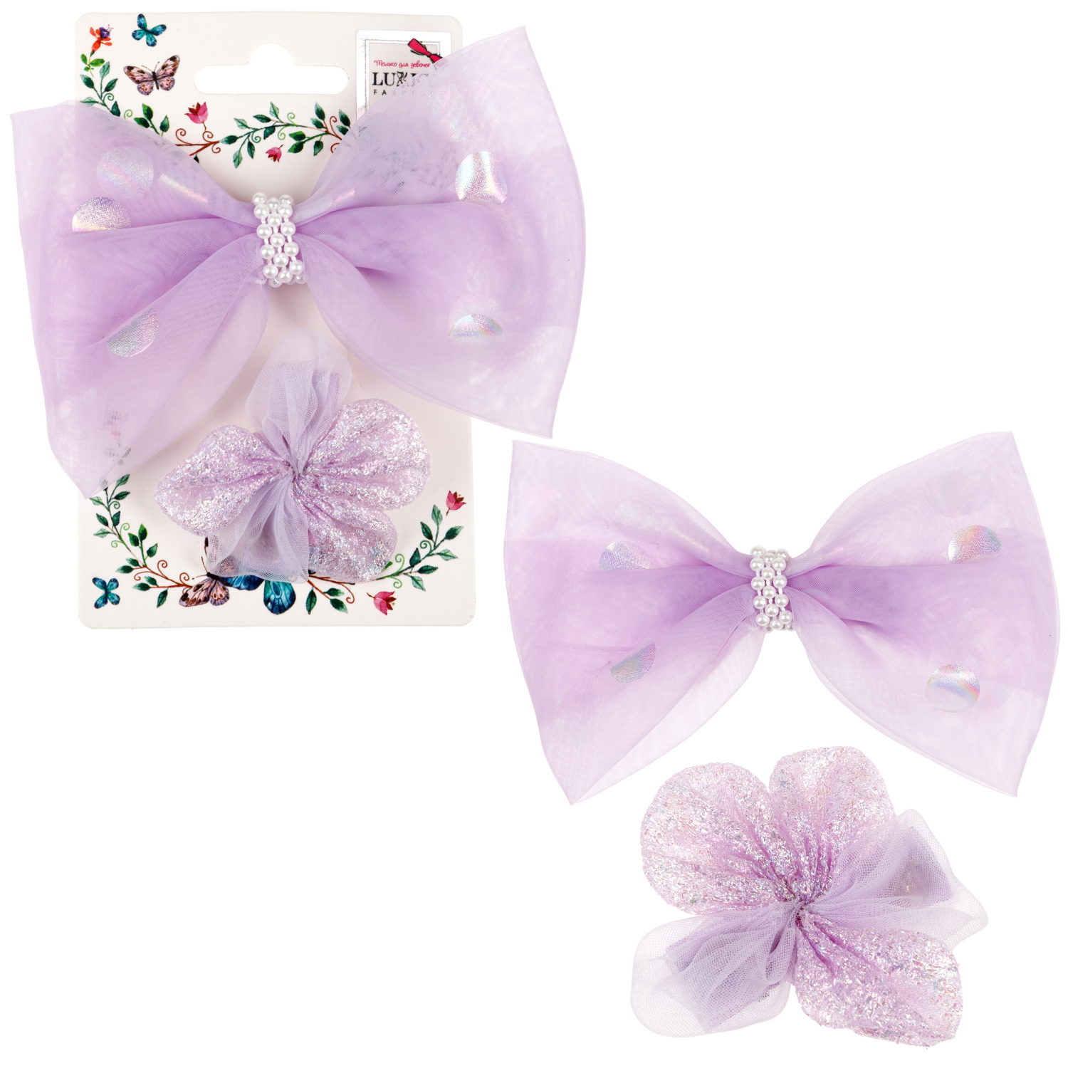 Lukky Fashion набор из 2 заколок-зажимов д.волос Бантик и Цветок Шифон и Шёлк,4 цв.микс