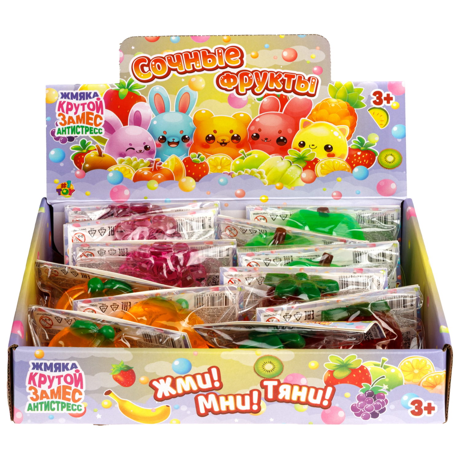 1toy Крутой замес жмяка "Сочные фрукты", полупрозр. (яблоко, мандарин, клубника, виноград), 4 вида в асс., пакет с хедером, 12 шт в дб