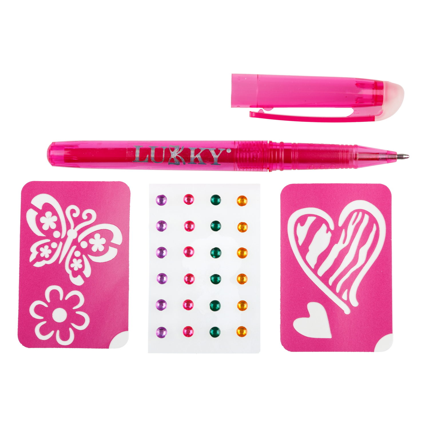 Lukky"Дизайнер-Сет"#4 набор для боди-арта с 1 тату ручкой, трафаретами, стразами для лица и тела, цвет малин.,блистер