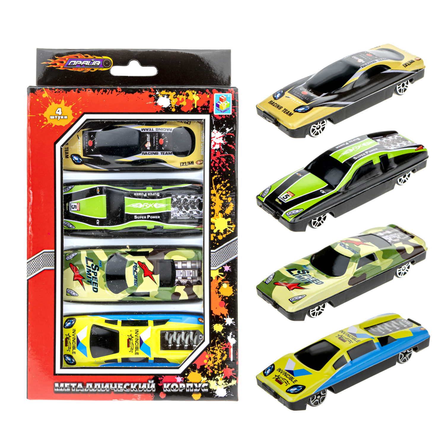 Набор металлических машинок 1TOY Драйв, гоночные, маленькие, 7 см, 4 шт.