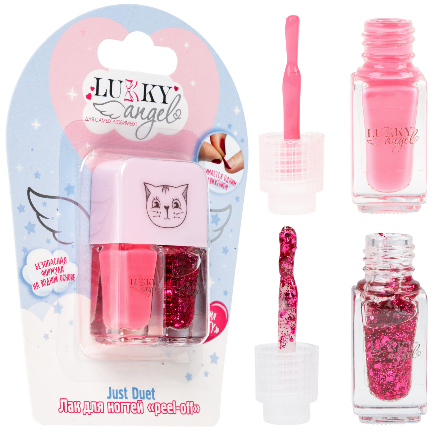 Двойной лак для детских ногтей Lukky Angel Just Duet клубника со сливками и клубничное желе с блестками, 2 по 4 мл