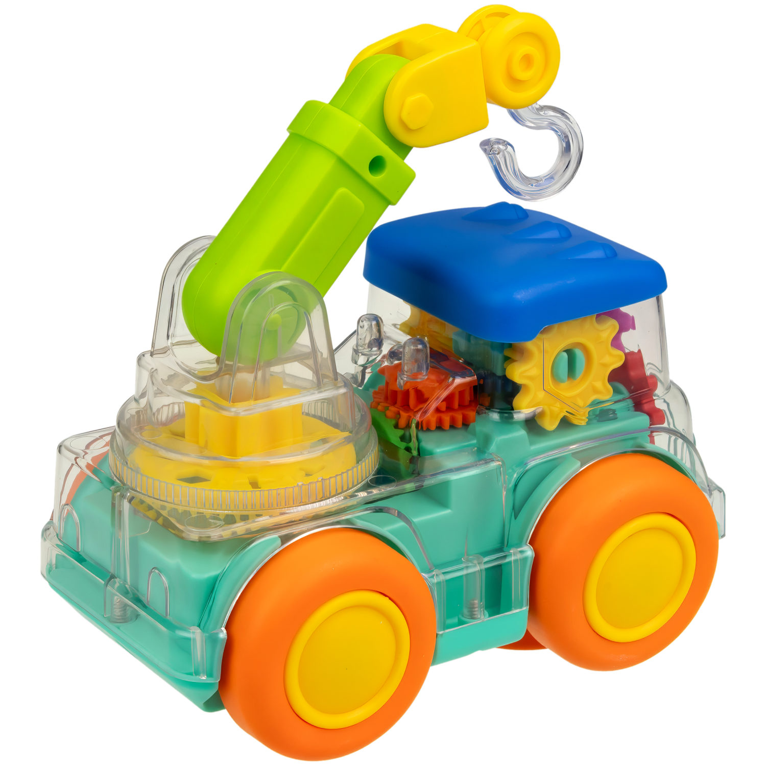 Машинка 1TOY Движок «Автокран», спецтехника, прозрачная с шестеренками, со светом и звуком, 1 шт.
