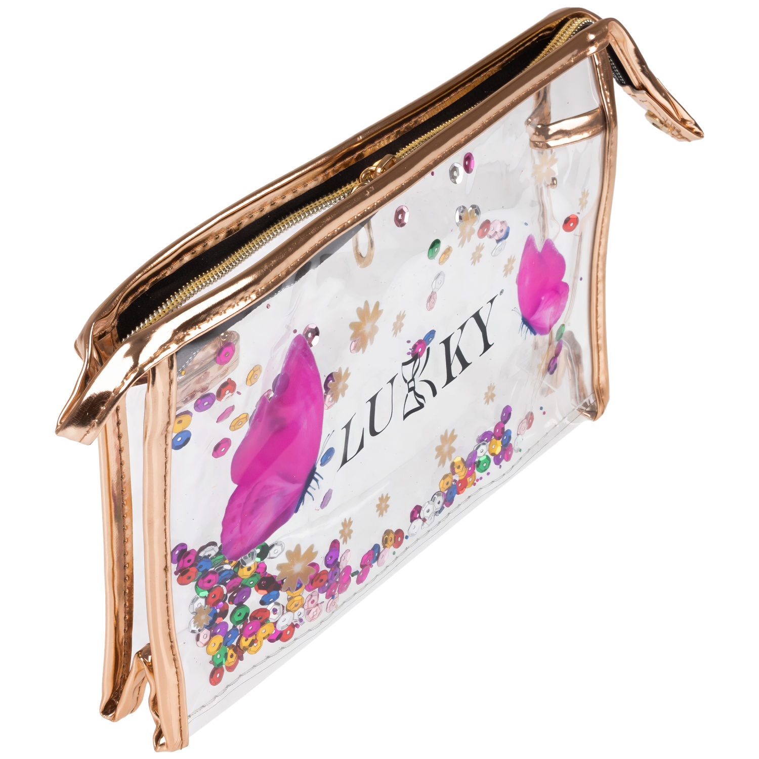 Набор из косметичек 3в1 Lukky Glam Trio прозрачная с подвижными блестками (23.5*14*7 см), средняя и маленькая из блестящей искусственной кожи