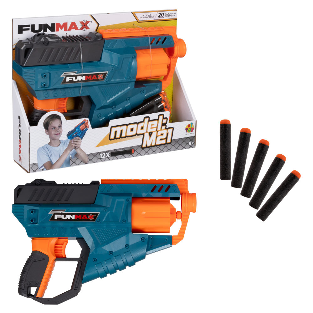 1toy Funmax "M21" бластер механический, барабан на 6 выстрелов, в комплекте 12 EVA снарядов