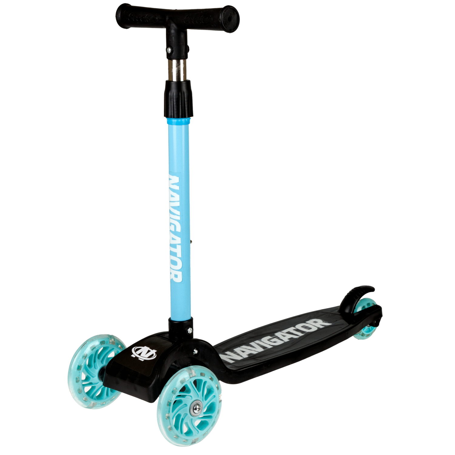 Самокат Navigator, упр.накл, PVC светящ. кол.2х110мм/80мм, складной, высота руля 58-72см, дека 36*12см, пласт ручки, пакет, черный с голубым