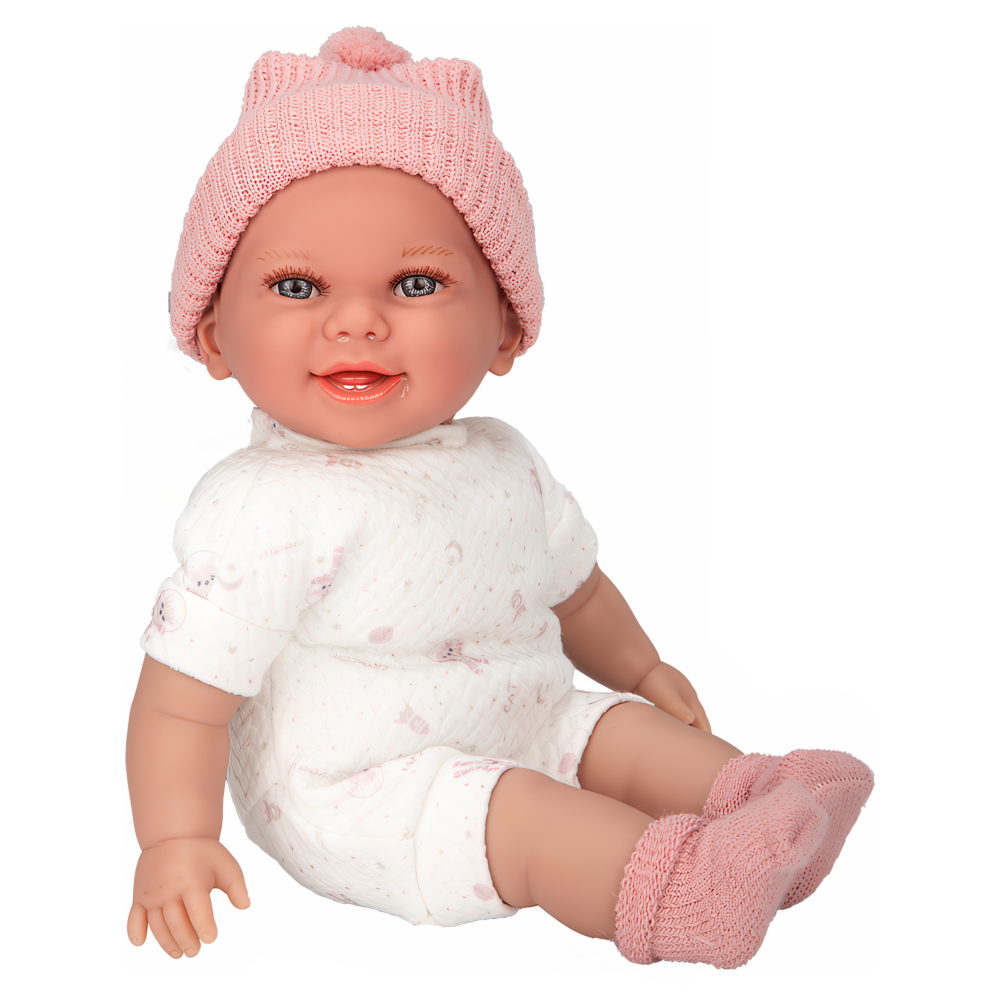 Arias ELEGANCE BABYTO кукла мягкая с винил.конечностями 34 см,со звук.эфф.смеха,в белой одежде,с соской,кор.
