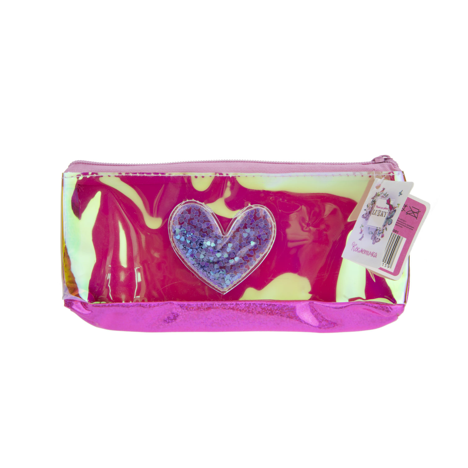 Пенал школьный, косметичка LUKKY для девочек, девушек, голографическая, с аппликацией сердца, 21х10 см