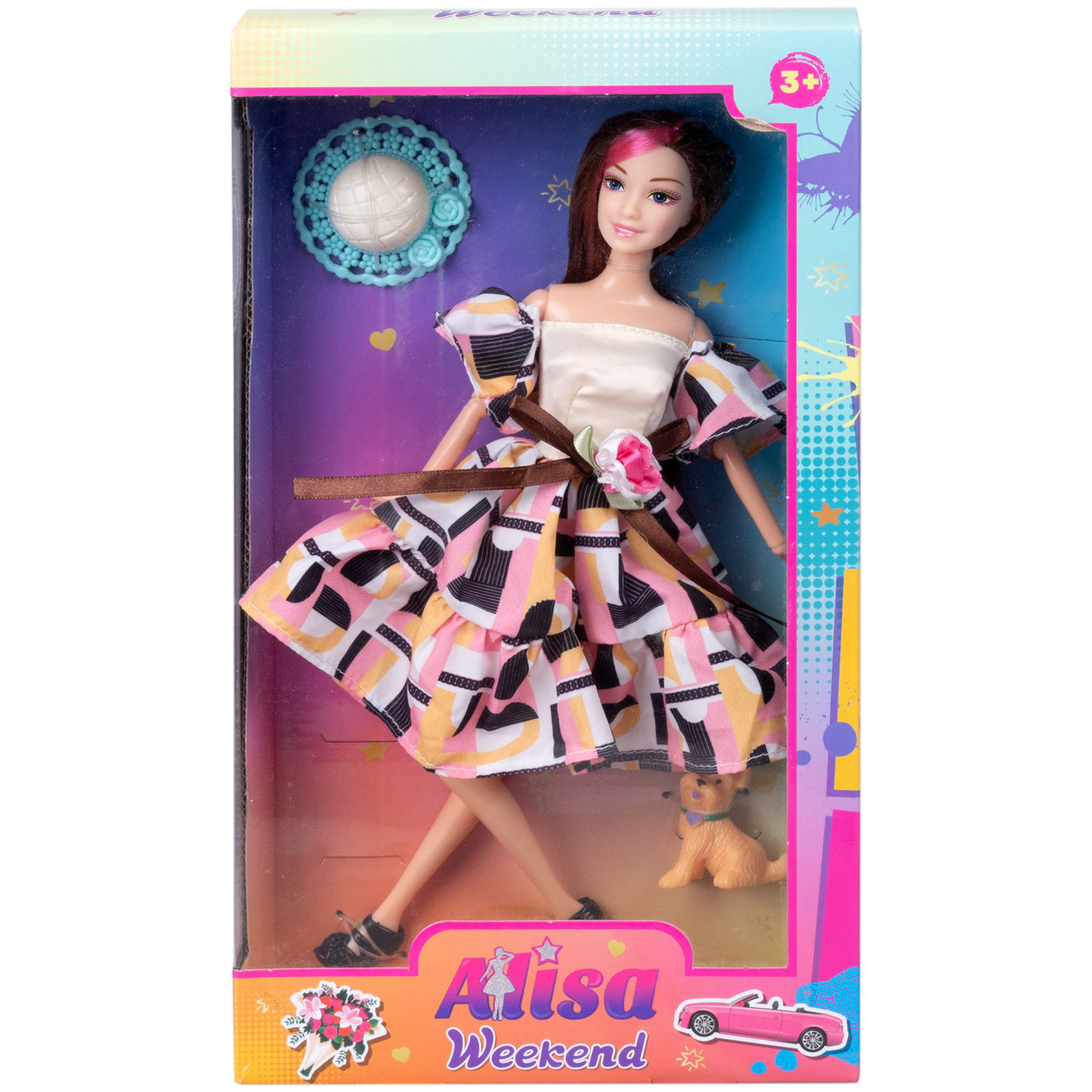 Кукла Alisa Weekend с розовой прядью, в цветном платье, со шляпкой и питомцем, 29 см