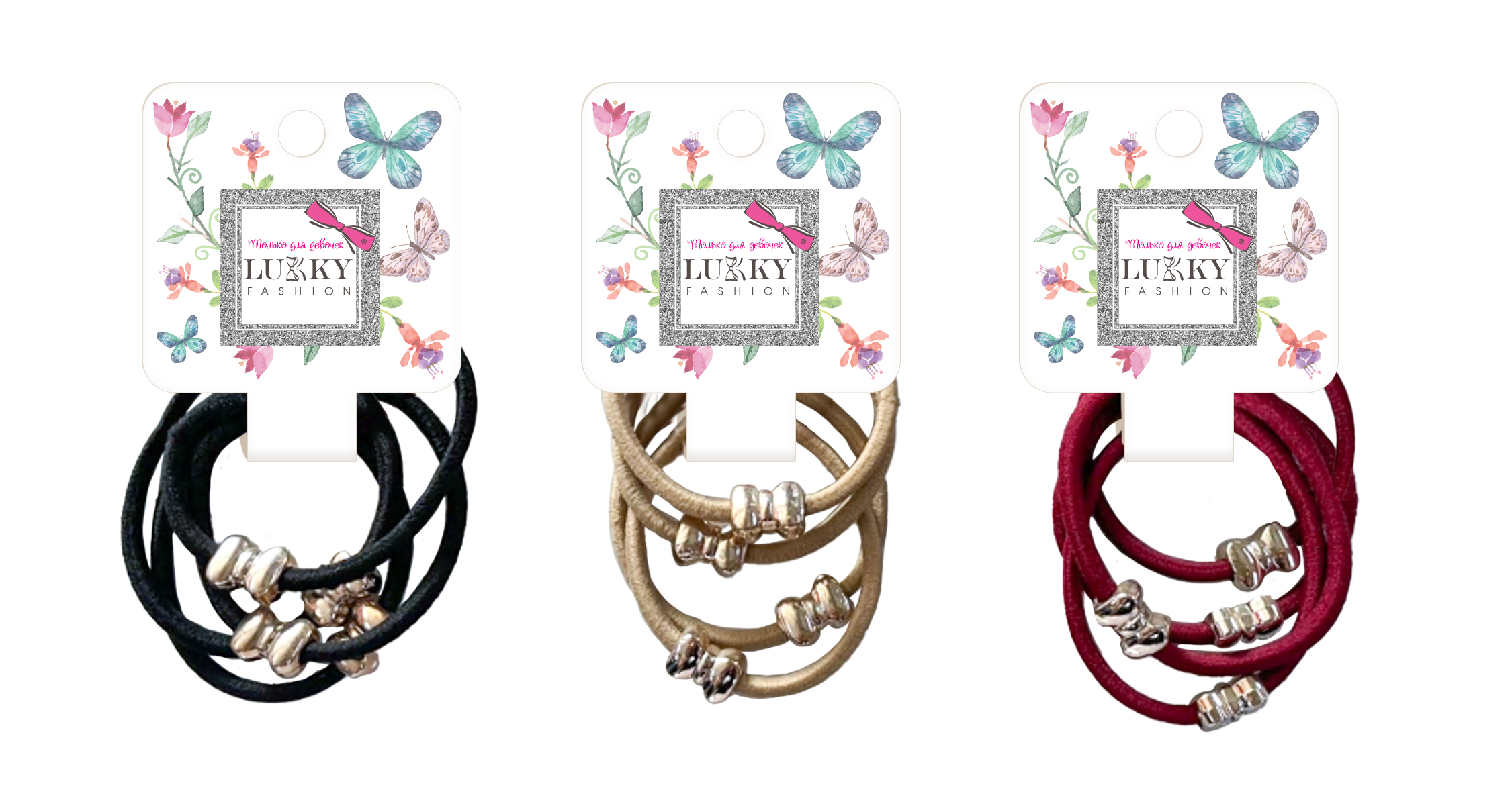 Lukky Fashion набор из 4 резинок для волос с метал.бантиком, 3 цвета в ассортименте: черный, золотой, красный микс