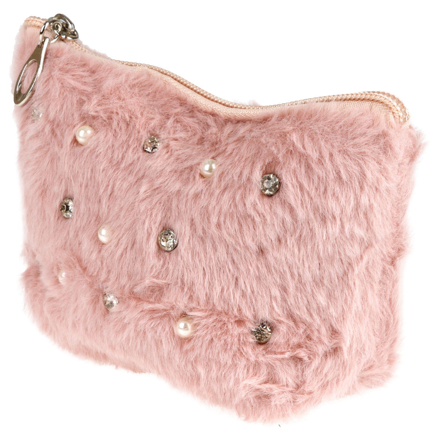 Косметичка плюшевая Lukky Diamond со стразами и жемчужинами, розовая,10*15 см