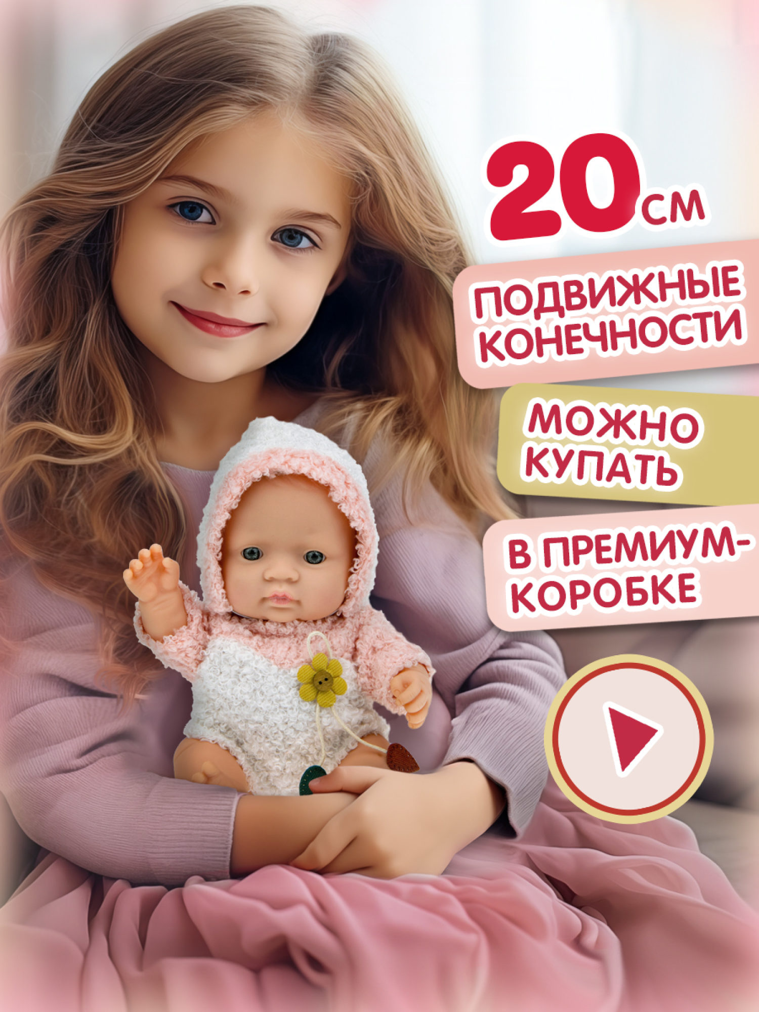Пупс 1TOY Baby Doll в теплом розовом комбинезоне, 20 см