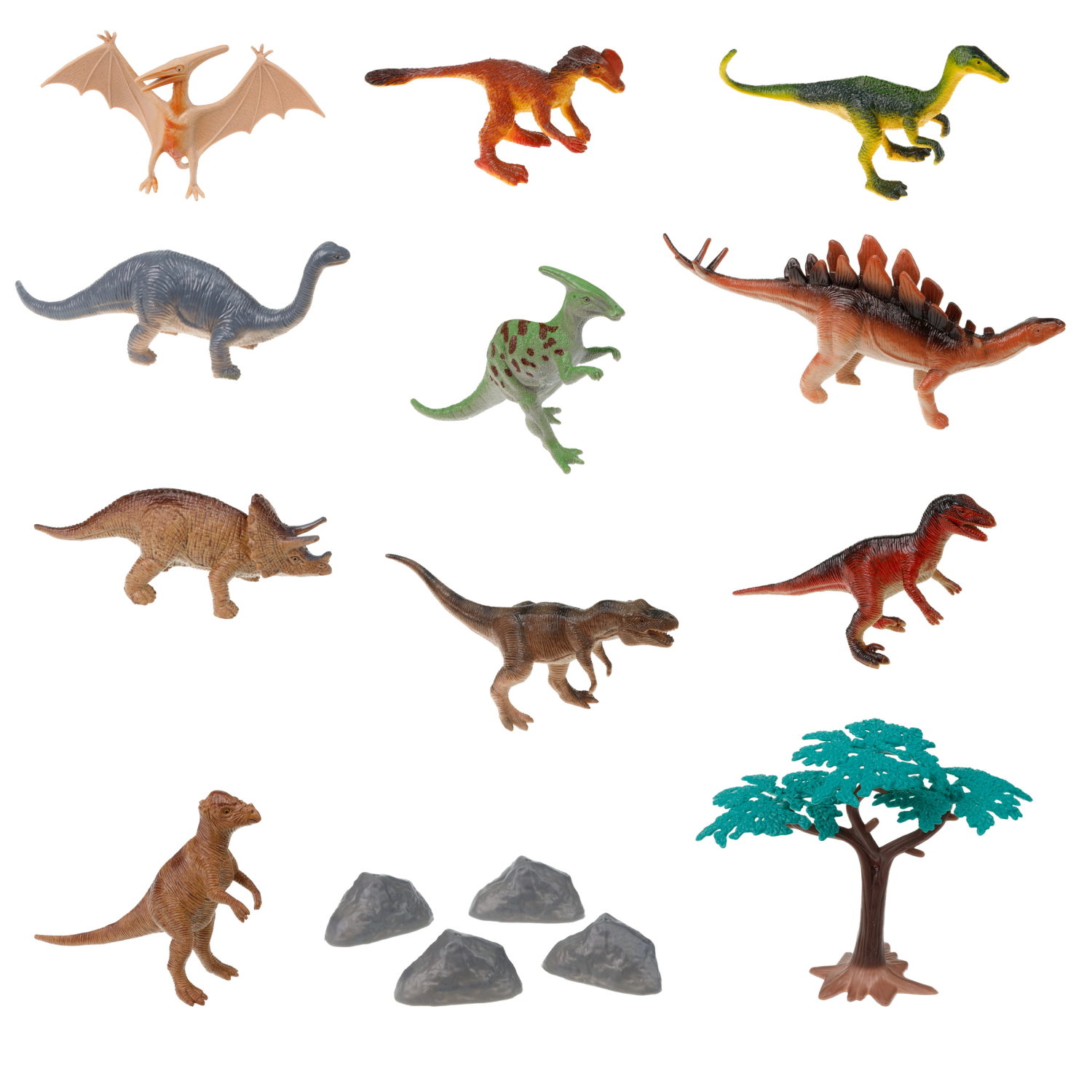 Игровой набор динозавров 1TOY "В мире животных", 15 шт., фигурки: стегозавр,  птеранодон, гадрозавр, трицератопс, велоцираптор, тираннозавр рекс