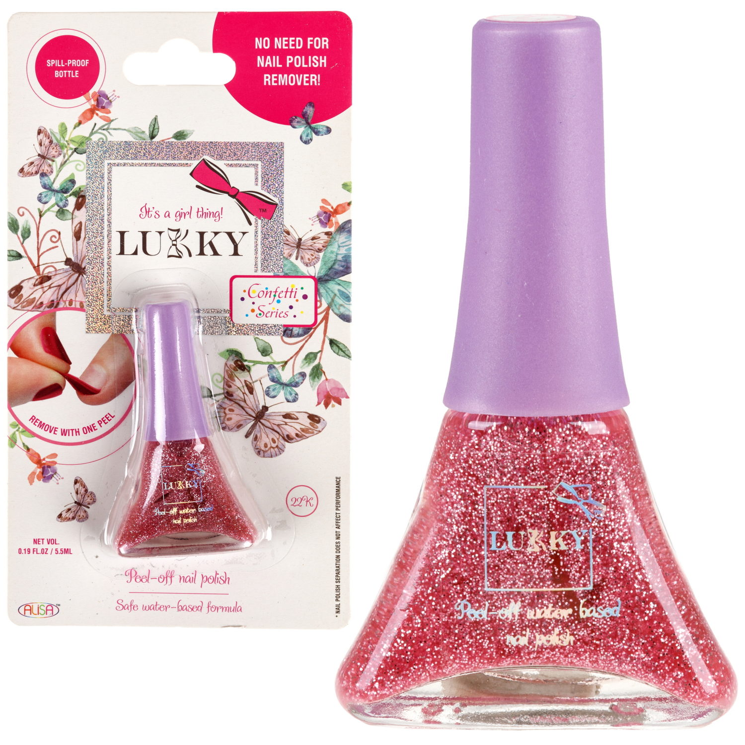 Детский лак для ногтей на водной основе с блестками Lukky, Конфетти, безопасный, цвет 22К, сиреневый, блистер, 5,5 мл