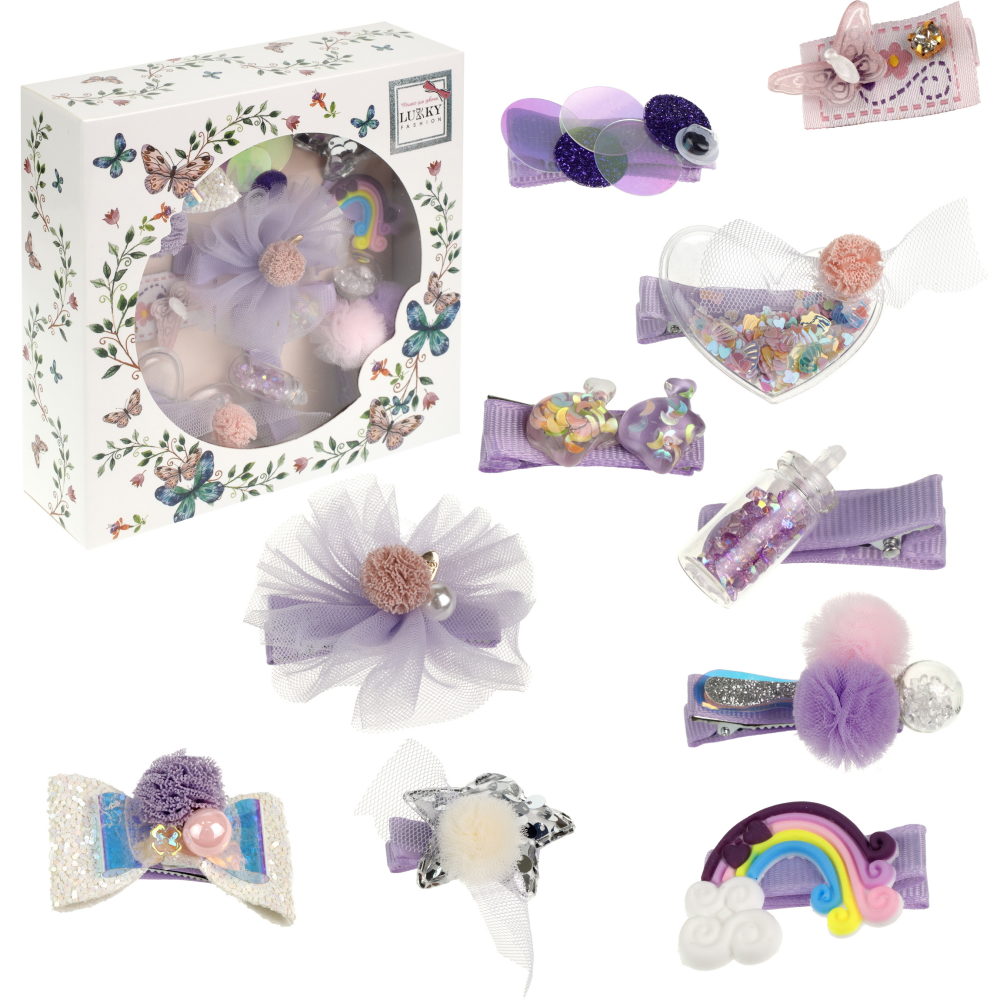 Lukky Fashion набор аксессуаров для волос сиреневый, в наборе 10 заколок, подарочная упаковка 14х14х4см
