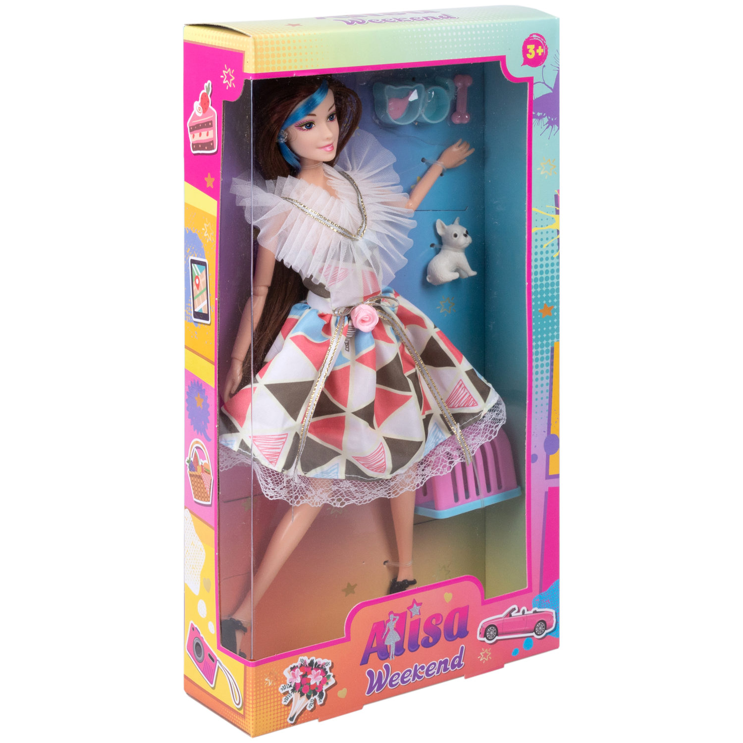 Кукла Alisa Weekend с голубой прядью, в цветном платье, с питомцем, переноской и аксессуарами, 29 см