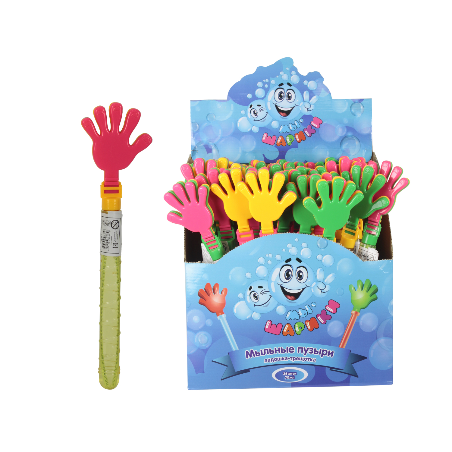 Мыльные пузыри  1TOY "Мы-шарики!"  колба с ладошкой-трещоткой