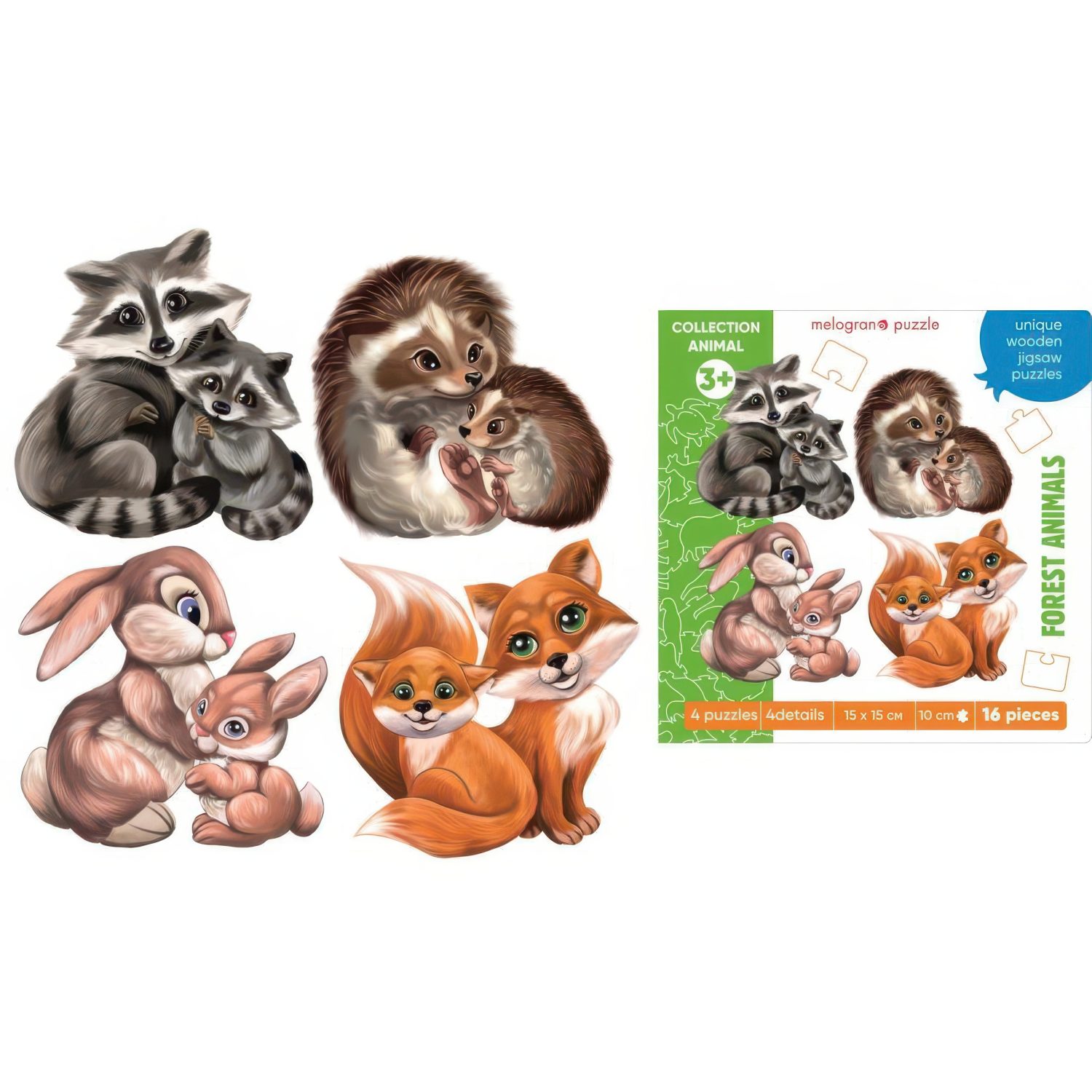 Деревянные пазлы Collection Animals, 4 пазла по 4 детали, 16 деталей
