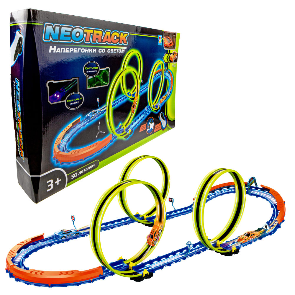 Гоночный автотрек с машинкой на пульте управления 1TOY Neotrack, дорога автомобильная, трасса, гибкий трек светящийся, 50 деталей