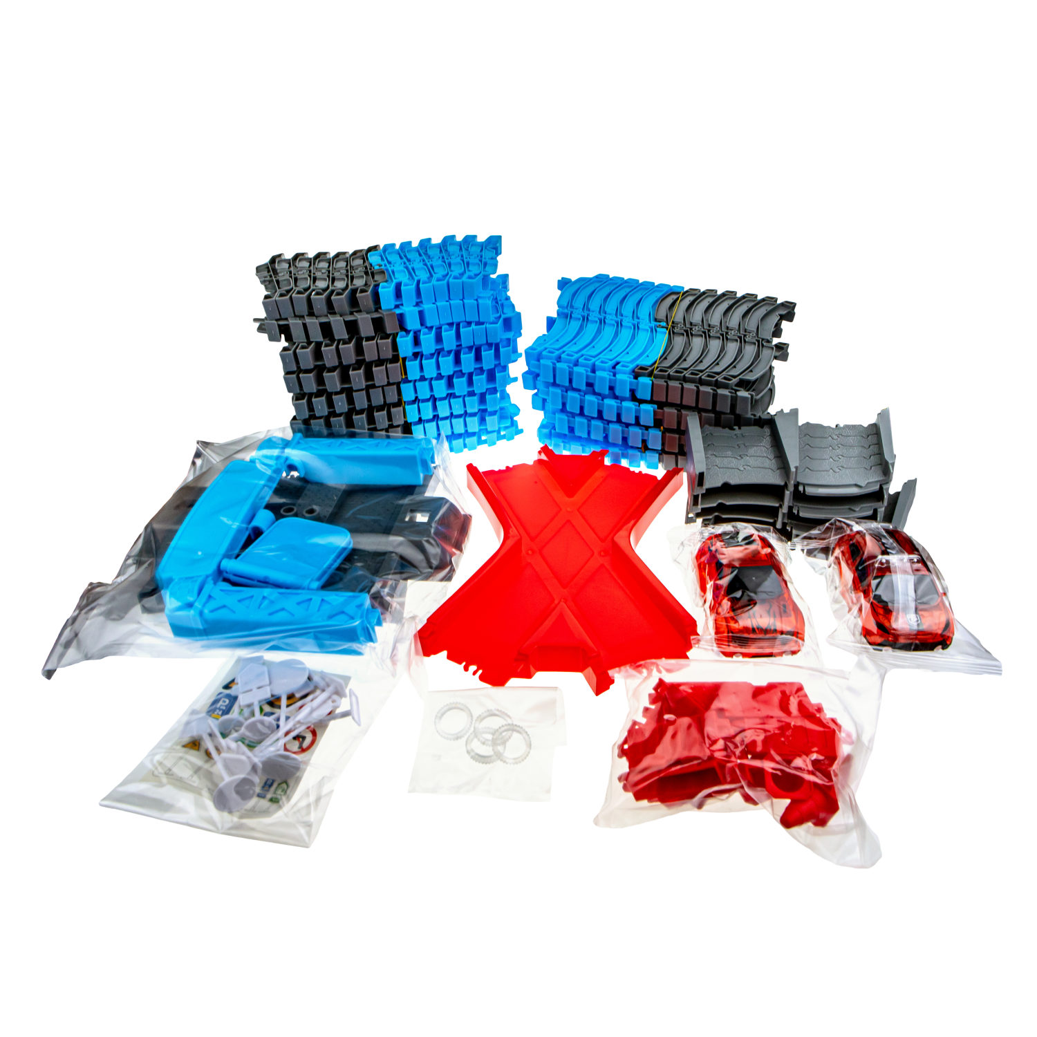 1toy гибкий трек "Гонки" 298 дет, финишные ворота, перекресток, дорожные знаки, 2 машинки свет, в кор. 41,5*32*10см