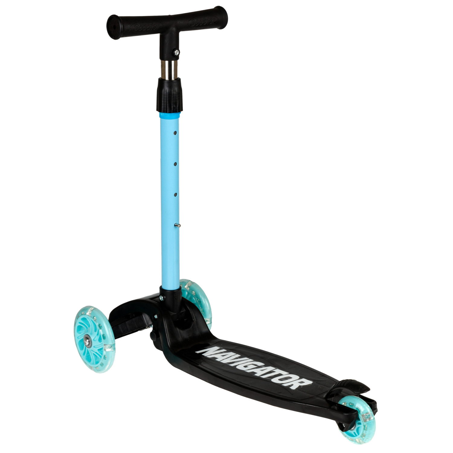 Самокат Navigator, упр.накл, PVC светящ. кол.2х110мм/80мм, складной, высота руля 58-72см, дека 36*12см, пласт ручки, пакет, черный с голубым