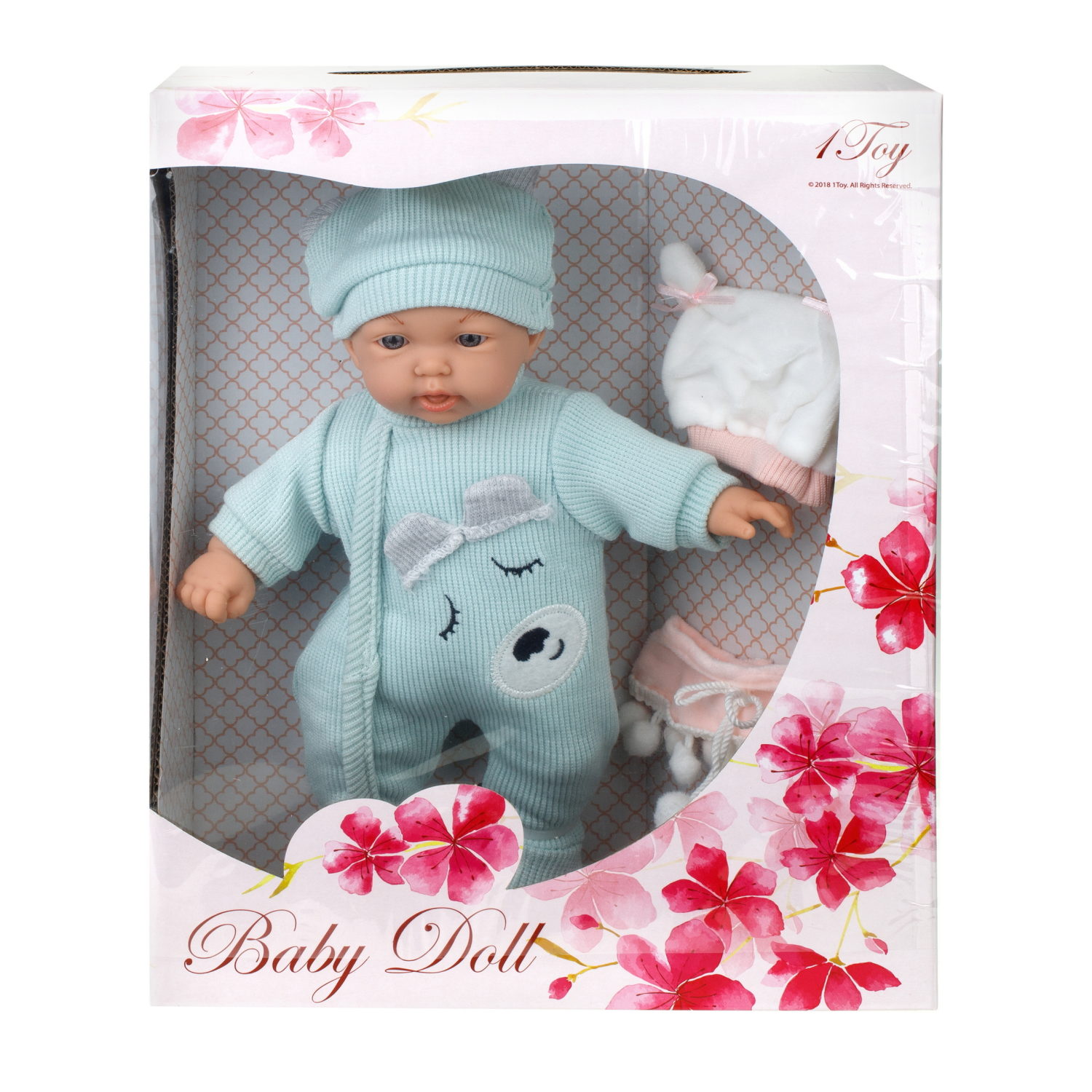 Пупс в голубом комбинезоне 28 см,с шапочкой и слюнявчиком