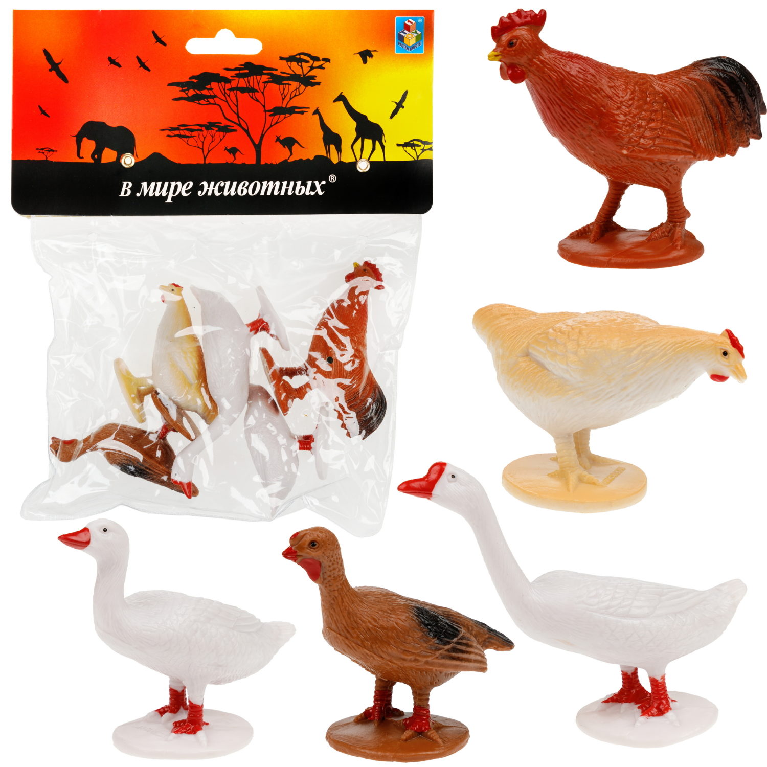 Фигурки животных 1TOY "В мире животных", игровой набор ферма: петух, курица, гуси, индейка, 5 шт.,  4-8 см