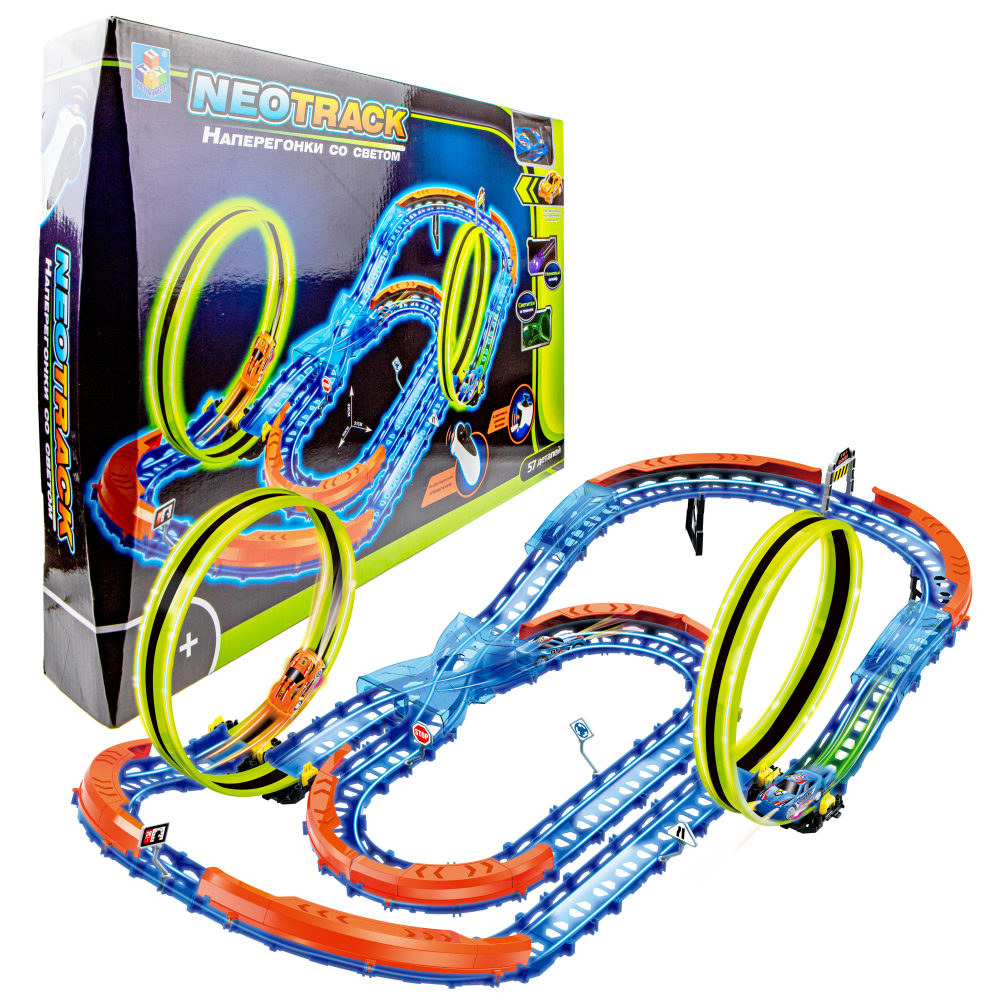 Гоночный автотрек с машинкой на пульте управления 1TOY Neotrack, дорога автомобильная, трасса, гибкий трек светящийся, 57 деталей