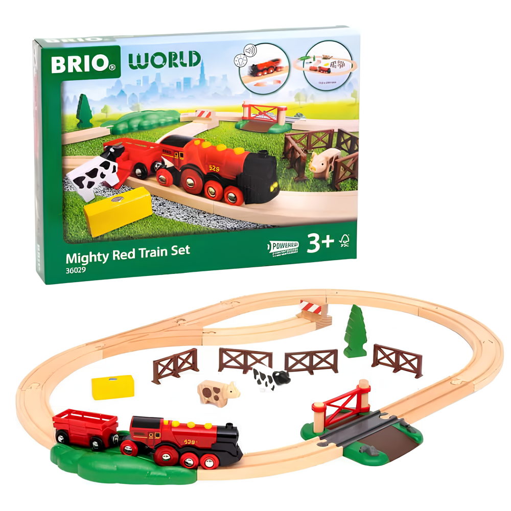 Деревянная железная дорога с электропоездом BRIO «Красный фермерский поезд», со светом и звуком, 24 элемента