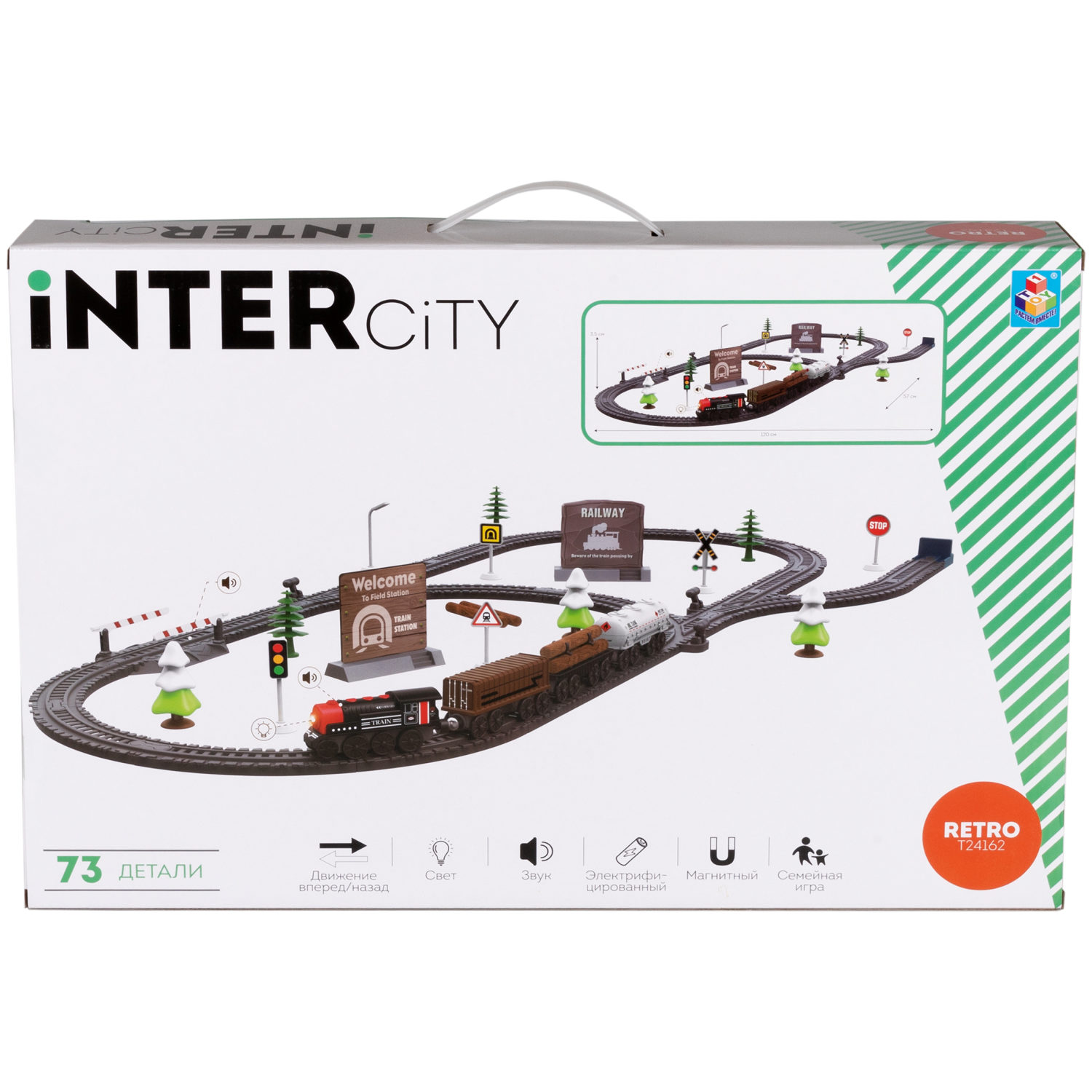 Детская железная дорога с электропоездом 1TOY InterCity, со светом, звуком, паровоз на рельсах, в подарочном наборе, 73 детали