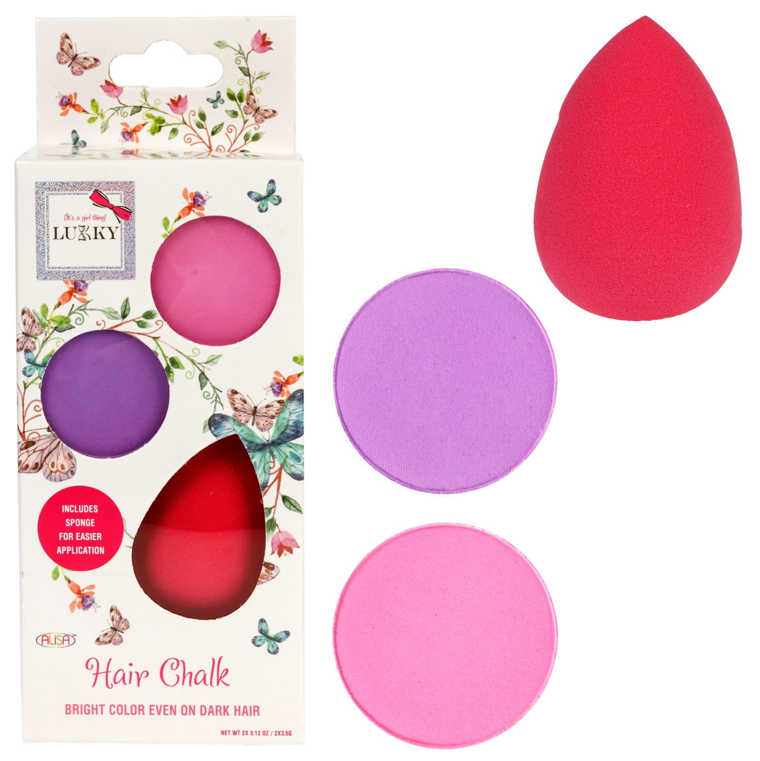 LUKKY набор с пудрой для волос, 2 цв.: розовый и сиреневый, 
3,5г каждая, с каплевидным спонжем