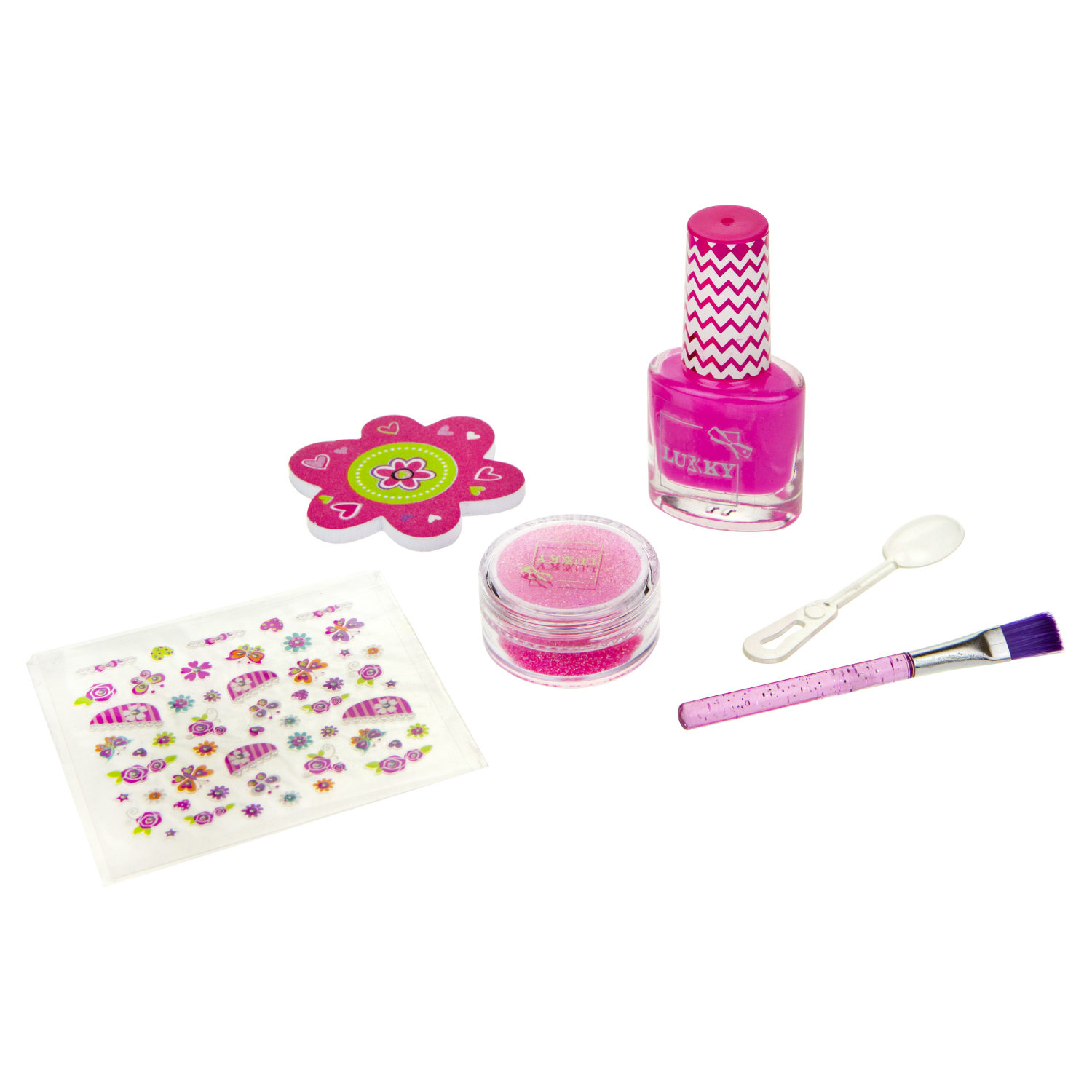 Lukky Бьюти-Дизайн наб.д.маникюра "Нэйл-Дизайн" с лаком д.ногтей peel-off 068 Ярко-Розовый,с аром.клубники,бан.с розовыми сух.блёстками,лист.с наклейк