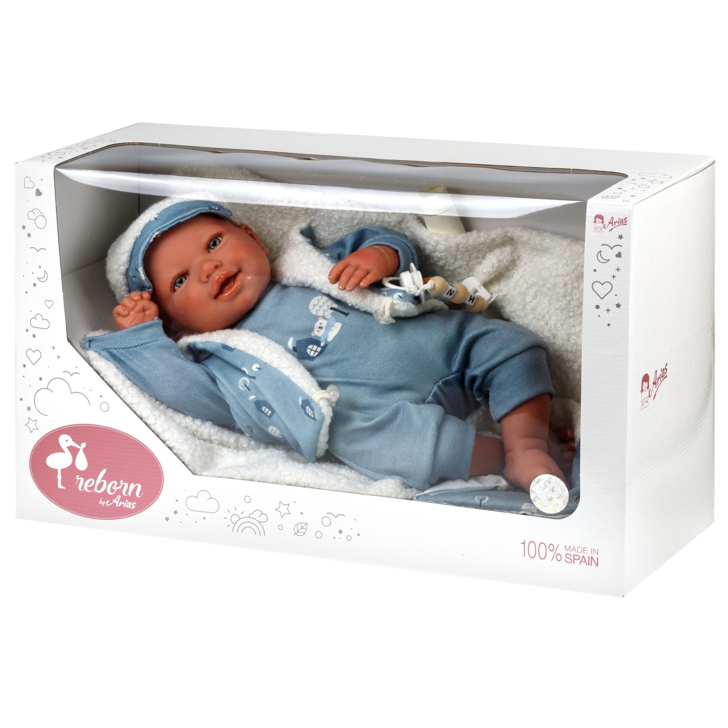 Arias Reborn Bruno новорожденный пупс мягкий 45 см., в голубой одежде, с соской, с одеялом,кор.