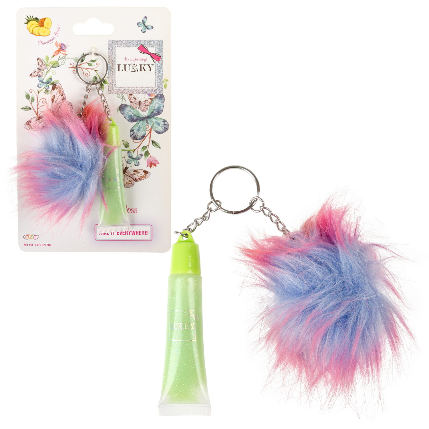 Блеск для губ LUKKY салатовый с блестками, ананасовый 6мл.+брелоком