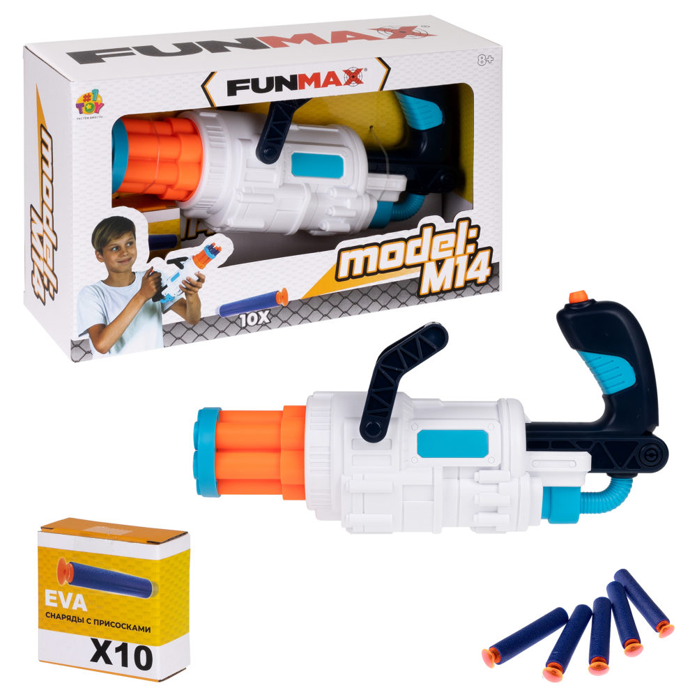 1toy Funmax "M14" бластер механический, 6 стволов, 10 снарядов с присосками