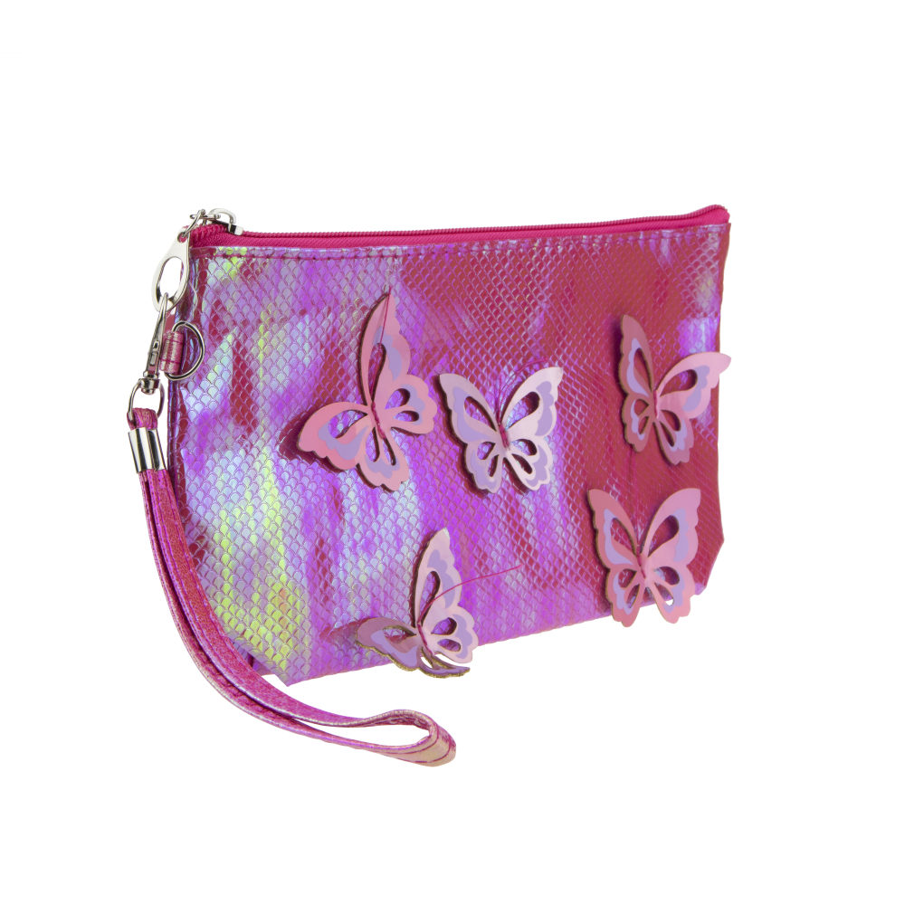 Пенал школьный, косметичка LUKKY для девочек, девушек, розовая, с накладными бабочками, с ремешком, 24х13 см