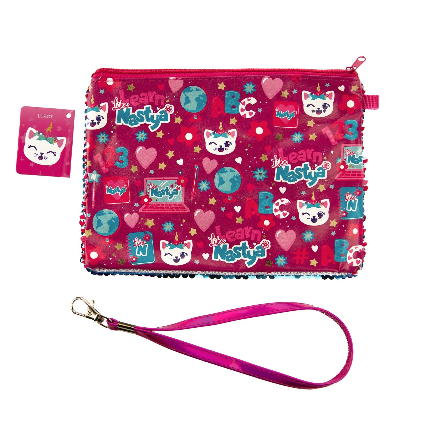 Like Nastya  Косметичка с пайетками хамелеон c логотипом на одной стороне, принт разноцветный на другой стороне, с ремешком, 21х14 см,пакет,бирка