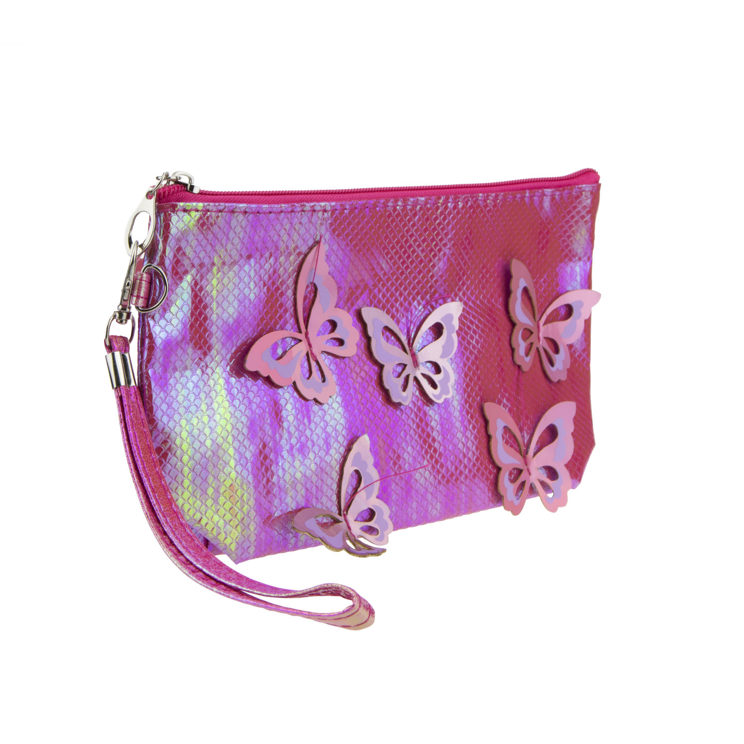 Пенал школьный, косметичка LUKKY для девочек, девушек, розовая, с накладными бабочками, с ремешком, 24х13 см