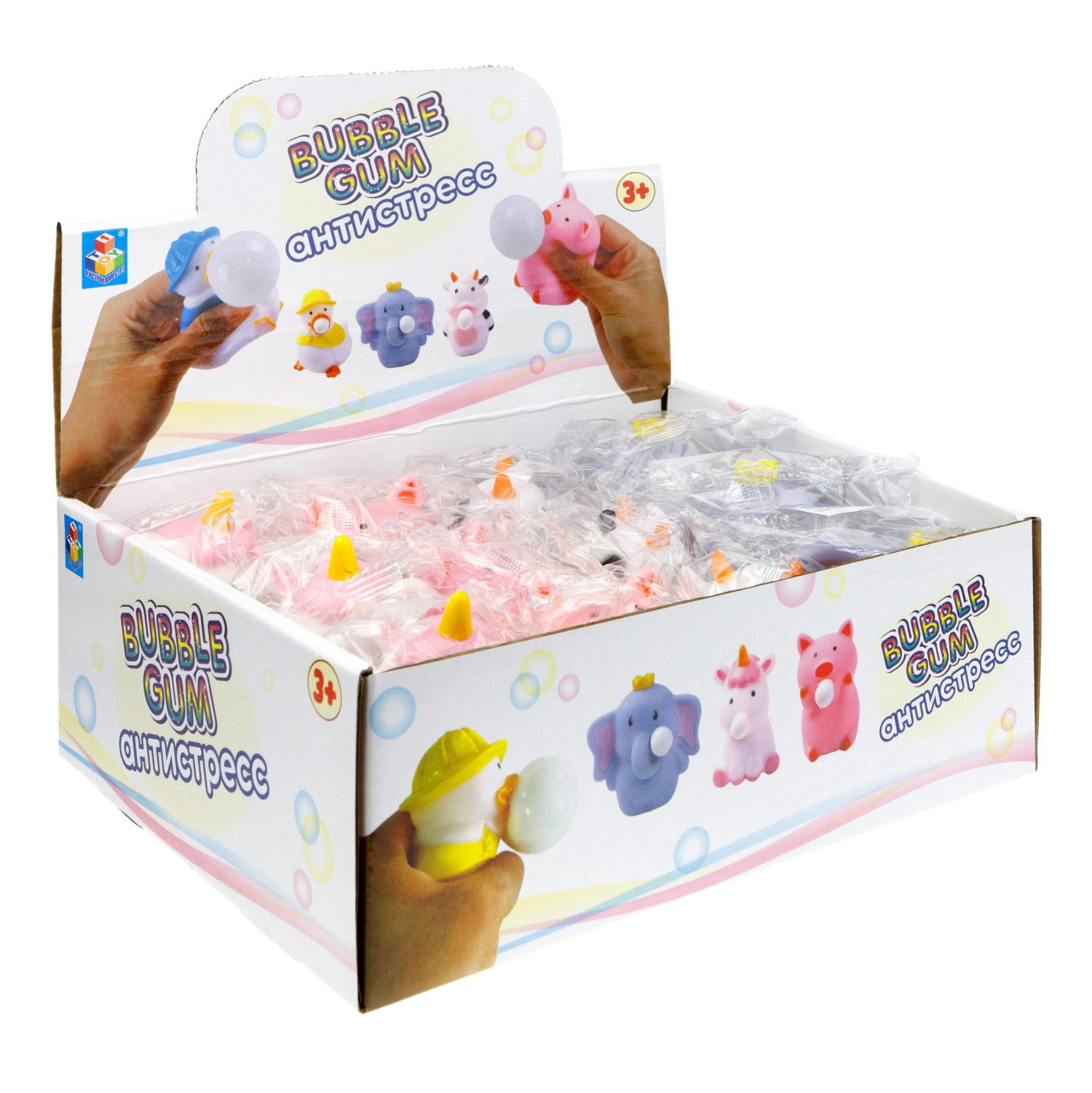 1toy Bubble Gum-антистресс "Животные" 6,5х6,5х5 см, 4 вида в асс., 12 шт. в д/б