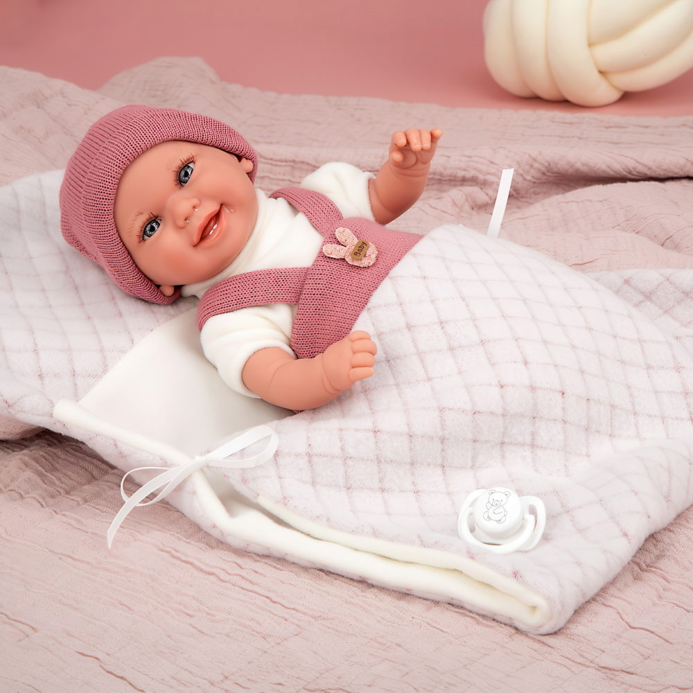 Arias ELEGANCE BABYTO кукла утяжеленная мягк.с винил.конечностями,35 см,в вязаном костюмчике,в конверте,с соской