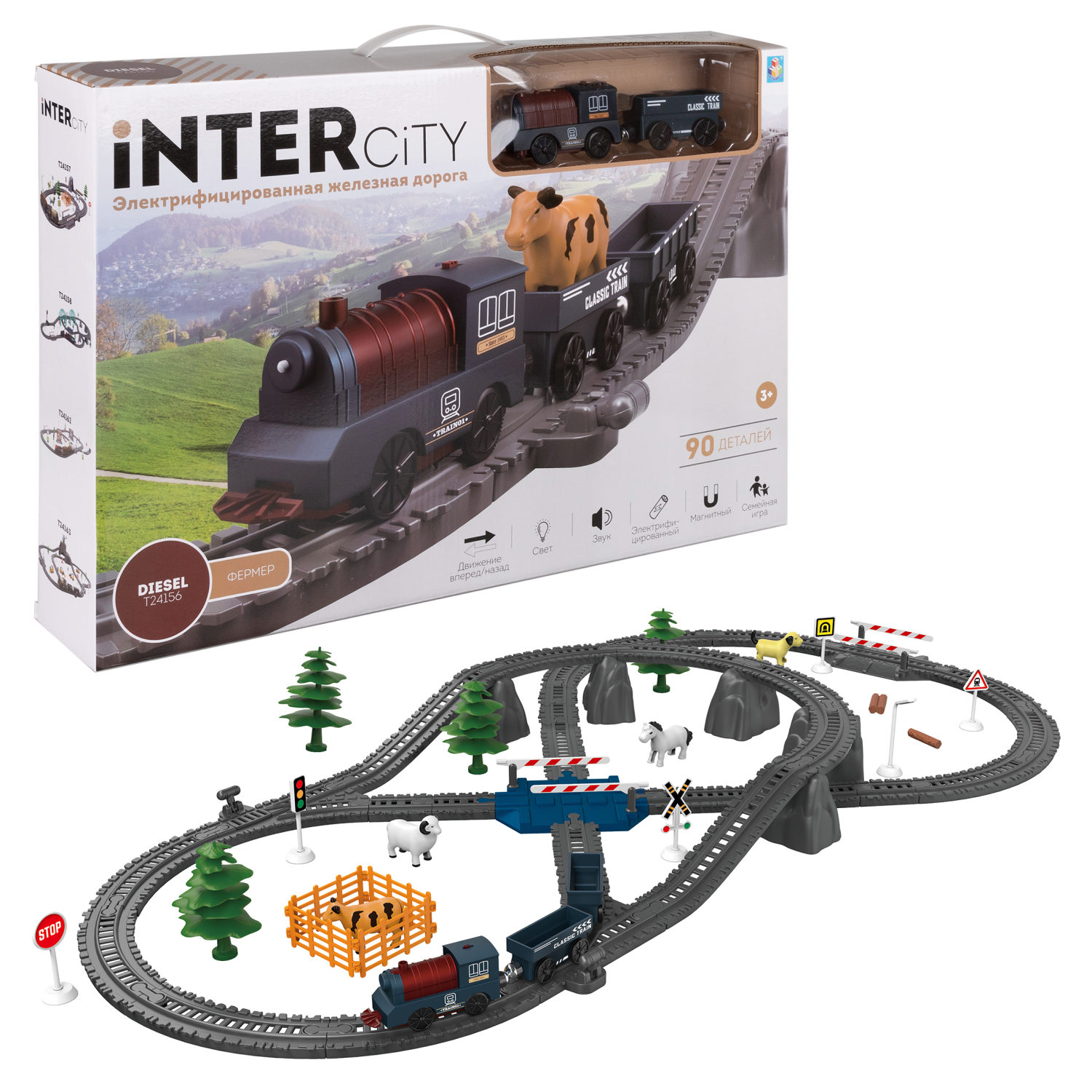 Детская железная дорога с электропоездом 1TOY InterCity, со светом, звуком, паровоз на рельсах, в подарочном наборе, 90 деталей