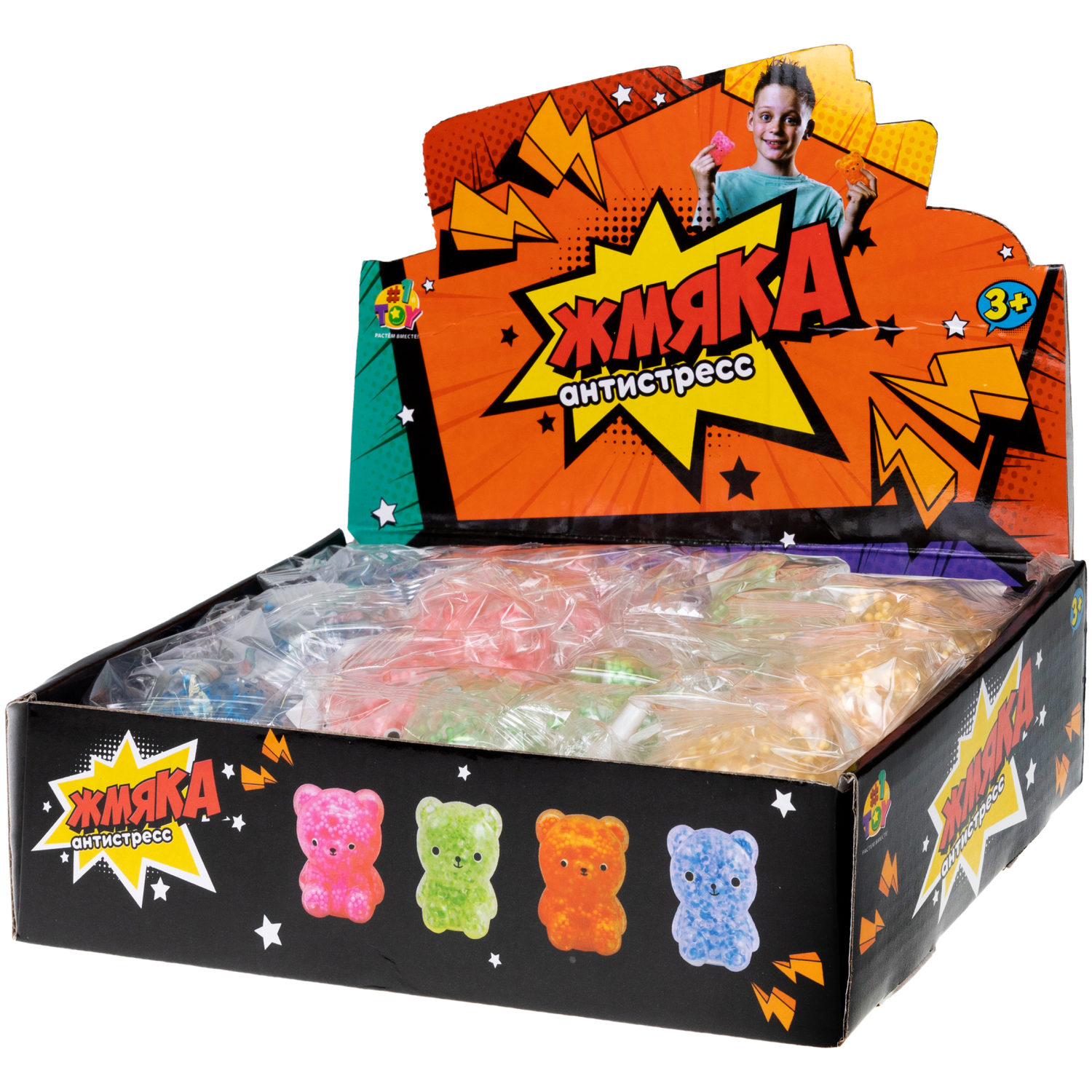 1toy Жмяка, "Медвежонок" с мелкими шариками 6х4,5х5 см, 4 вида в ассортименте