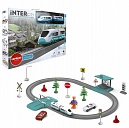 1TOY InterCity Express наб.ж.д."Городок" 56 дет.свет, звук,поезд 2 ваг, остановка, переезд, мост, 3 машинки